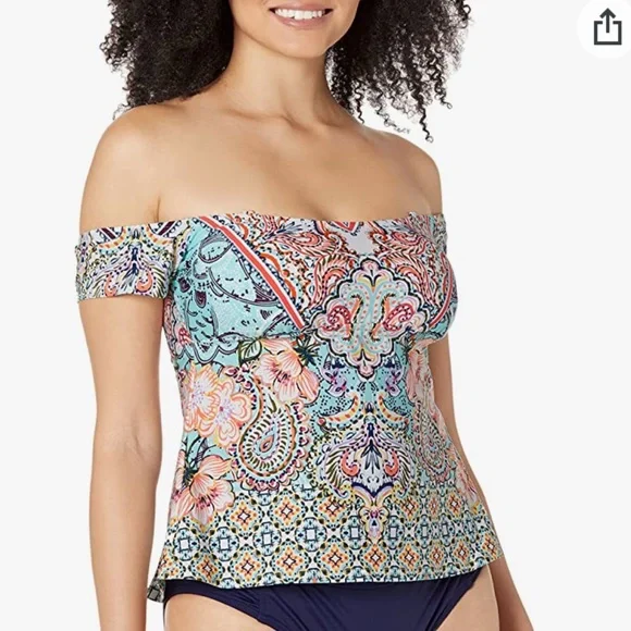 Kenneth Cole REACTION Baby Sleeve Bandeau Tankini Swimsuit Top Small - Picture 2 of 8